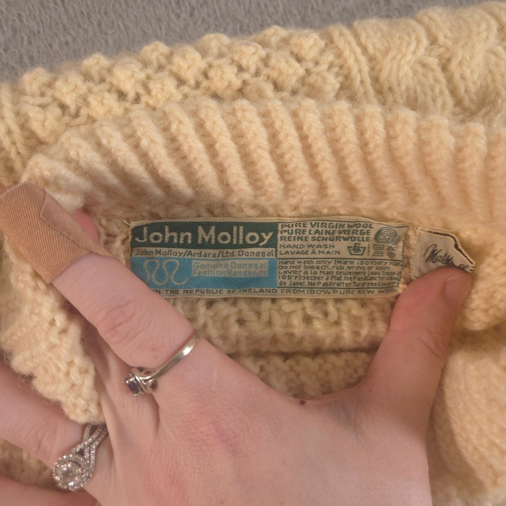 VINTAGE John Molloy Sweater Mens L Cream Aran Handknit Virgin Wool Irish 80s 90s - Picture 3 of 11